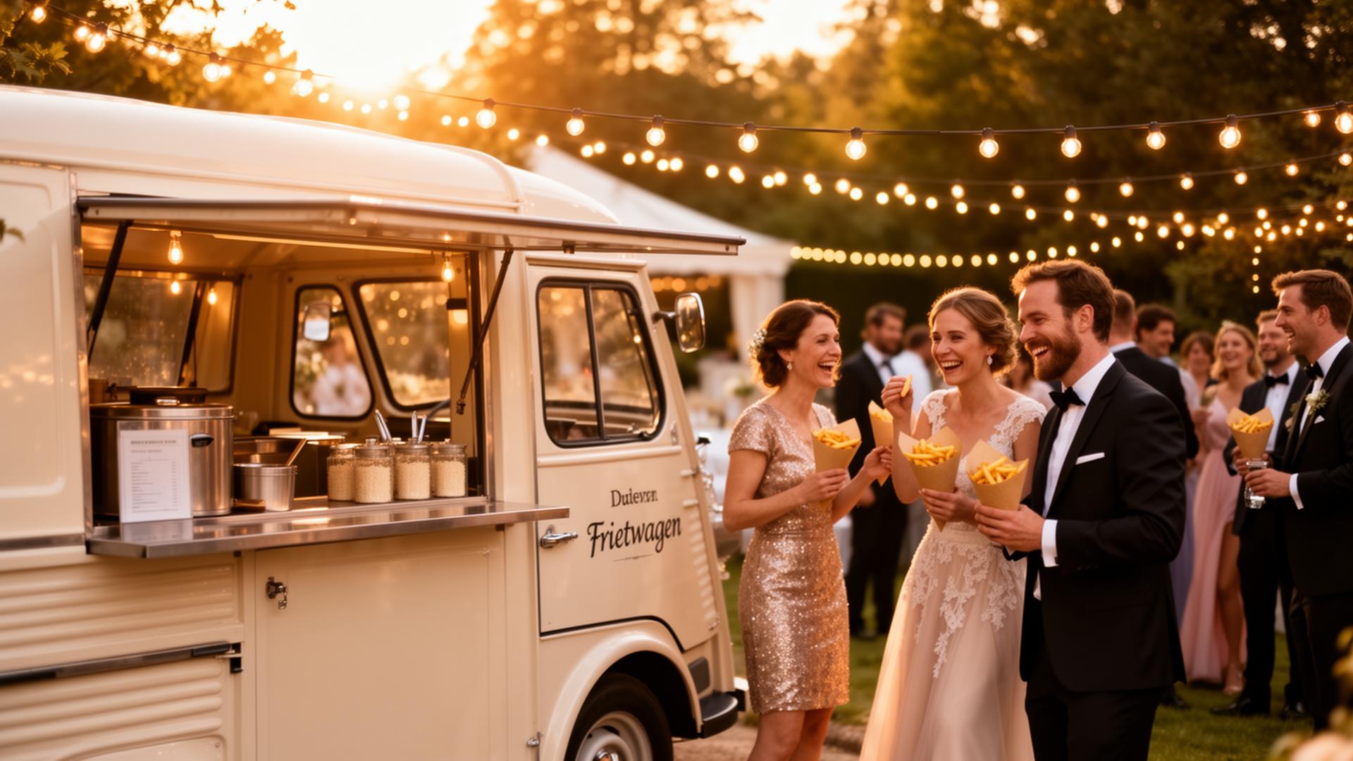 Frietkar huren bruiloft – Smulkees frietwagen op trouwfeest met genietend bruidspaar